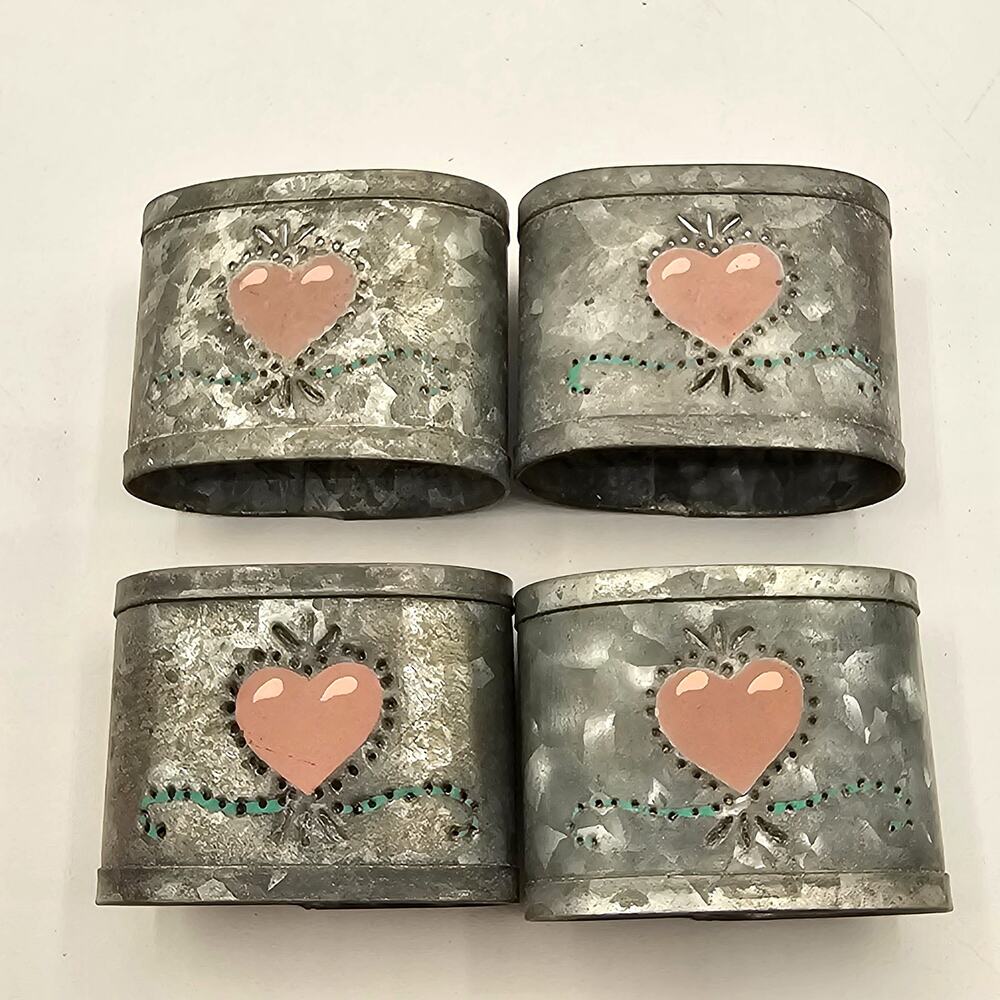 Galvanized Pink Heart Napkin Rings Rustic Farmhouse Set - Picture 2 of 5